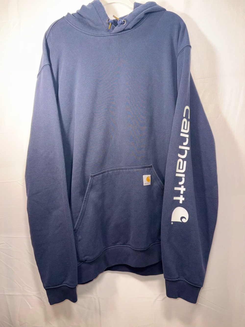Carhartt Mens Navy Blue Pullover Hoodie with Sleeve Logo Script Size 2XL Tall